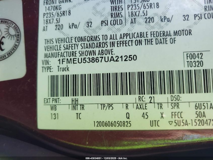 2007 Ford Explorer Sport Trac Limited VIN: 1FMEU53867UA21250 Lot: 43834851