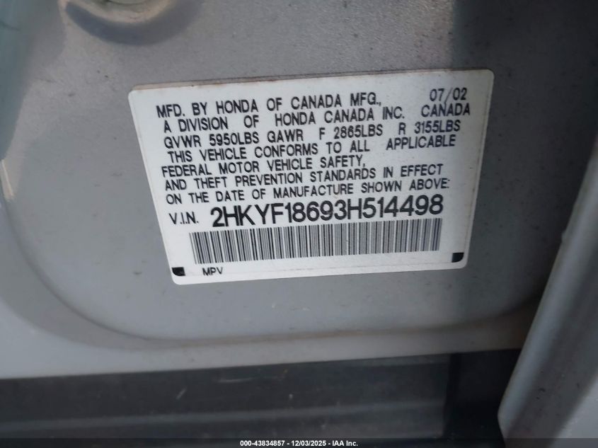 2003 Honda Pilot Ex-L VIN: 2HKYF18693H514498 Lot: 43834857