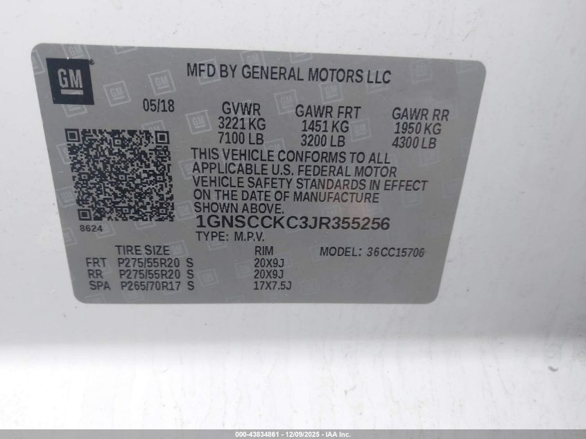 2018 Chevrolet Tahoe Premier VIN: 1GNSCCKC3JR355256 Lot: 43834861