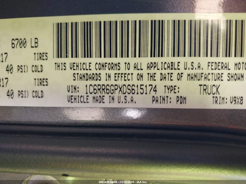 2013 Ram 1500 Slt VIN: 1C6RR6GPXDS615174 Lot: 43834886