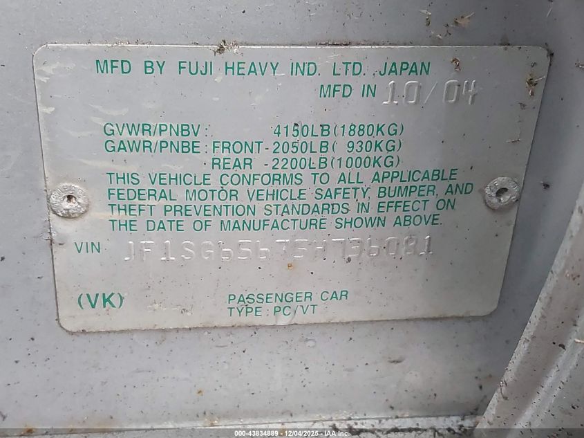 2005 Subaru Forester 2.5Xs VIN: JF1SG65675H736081 Lot: 43834889