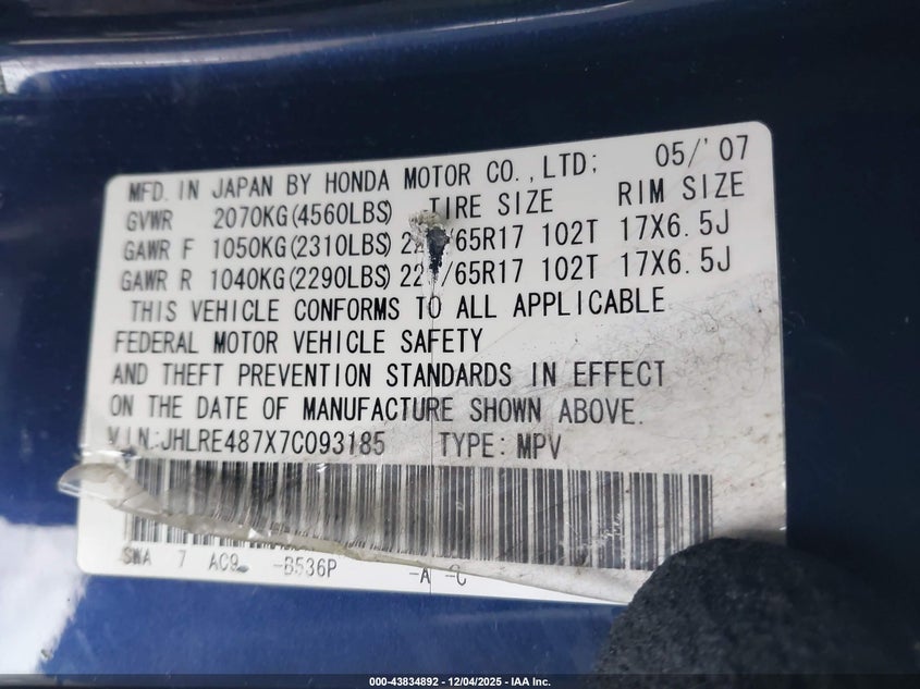 JHLRE487X7C093185 2007 HONDA CR-V photo no. 9