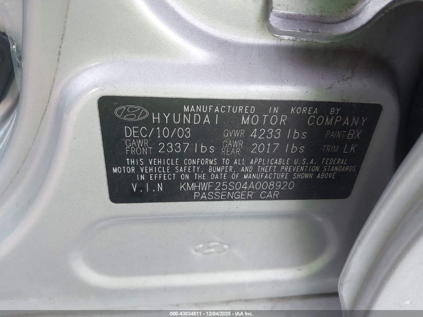 2004 Hyundai Sonata VIN: KMHWF25S04A008920 Lot: 43834911