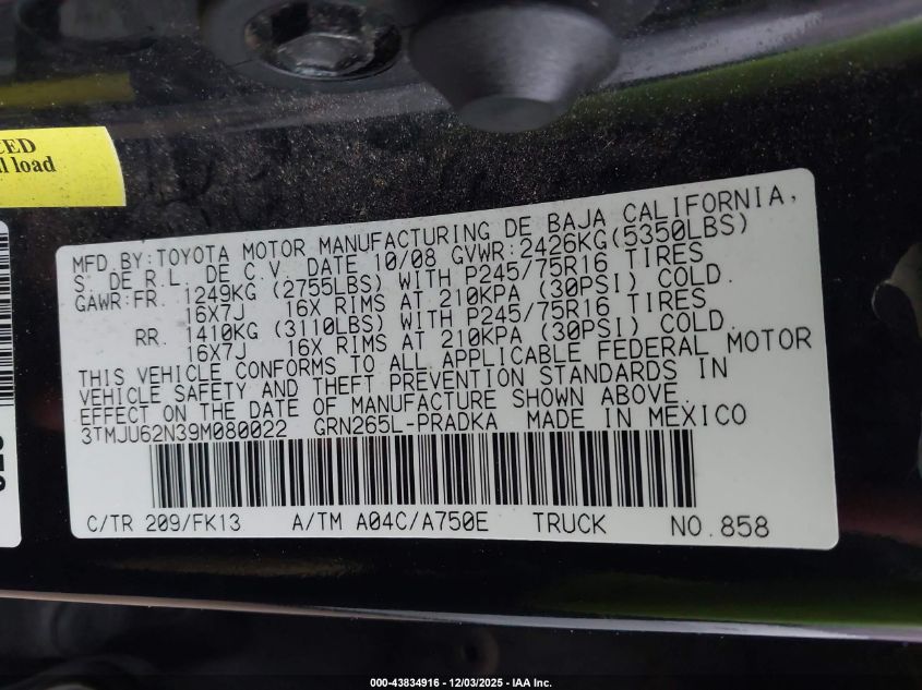 2009 Toyota Tacoma Prerunner V6 VIN: 3TMJU62N39M080022 Lot: 43834916
