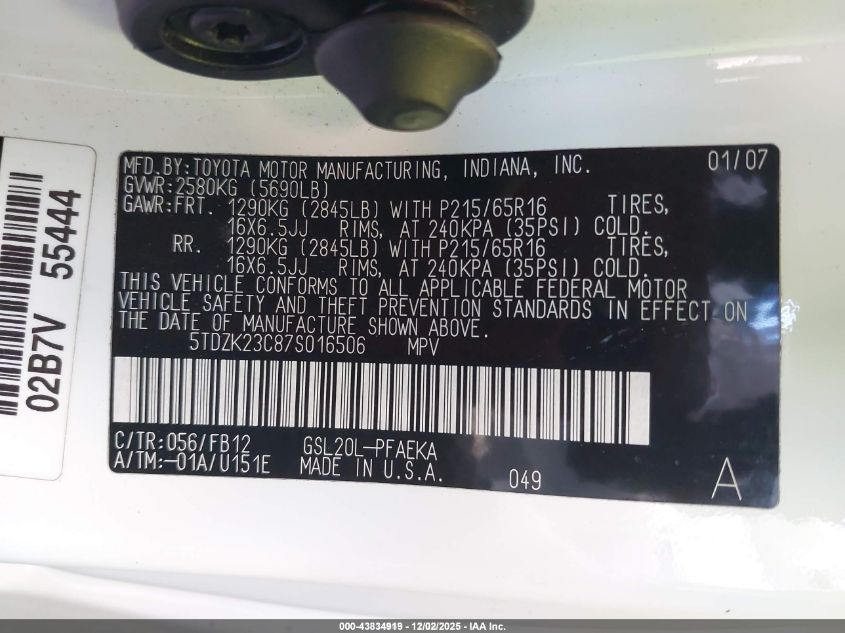 2007 Toyota Sienna Ce VIN: 5TDZK23C87S016506 Lot: 43834919