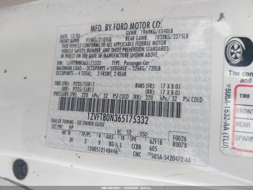 2006 Ford Mustang V6 VIN: 1ZVFT80N365175332 Lot: 43834931