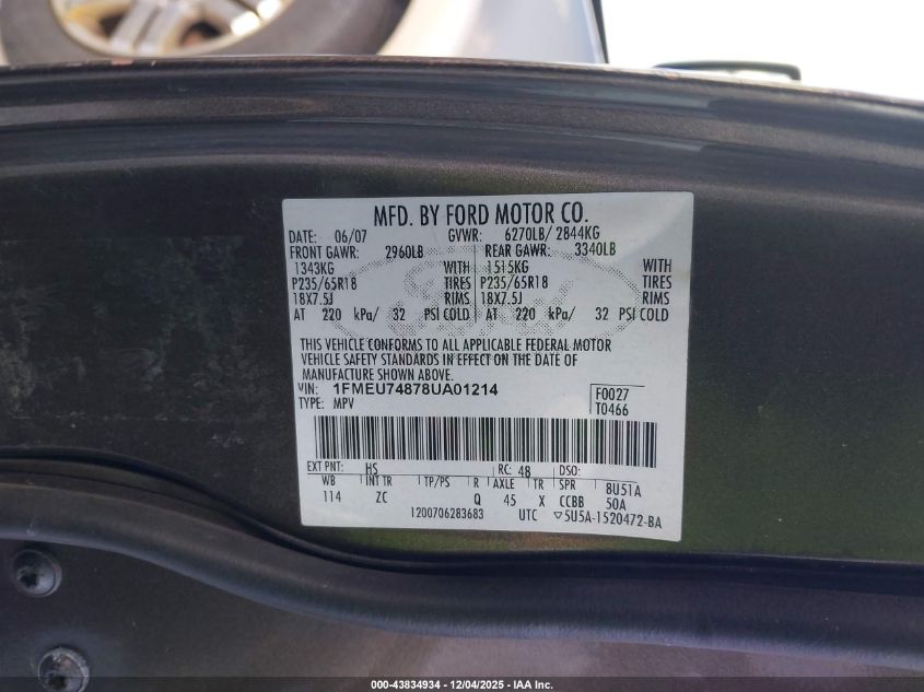 2008 Ford Explorer Eddie Bauer VIN: 1FMEU74878UA01214 Lot: 43834934