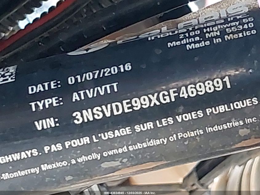 2016 Polaris Rzr Xp 1000 Eps VIN: 3NSVDE99XGF469891 Lot: 43834945