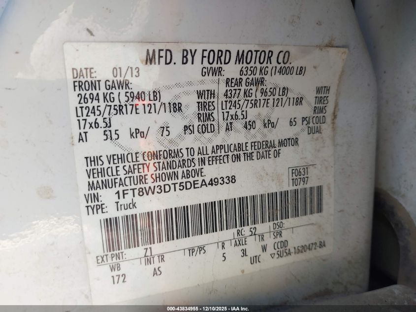 2013 Ford F-350 Xl VIN: 1FT8W3DT5DEA49338 Lot: 43834955