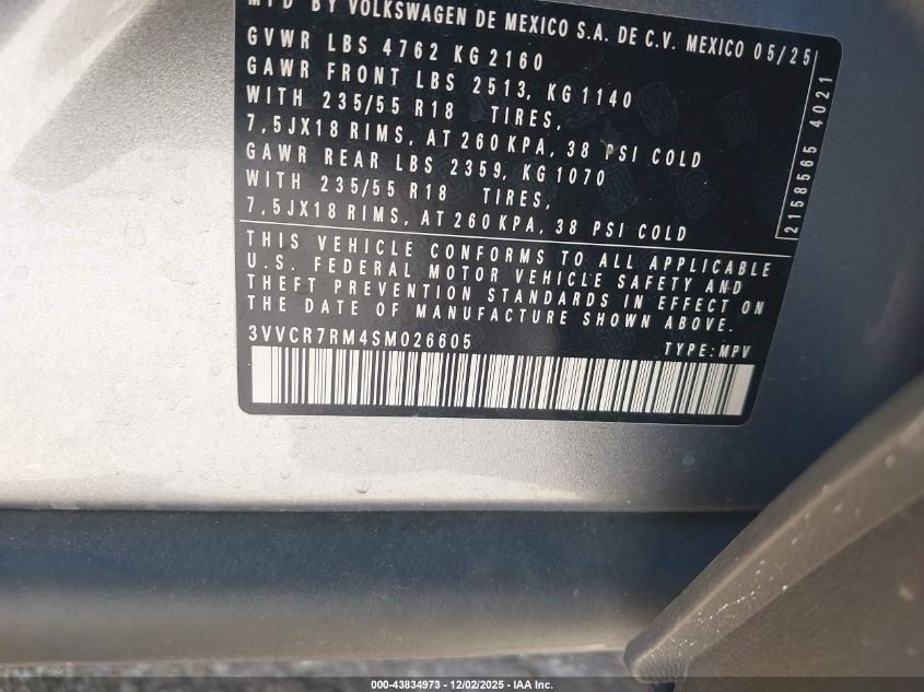 2025 Volkswagen Tiguan 2.0T S VIN: 3VVCR7RM4SM026605 Lot: 43834973