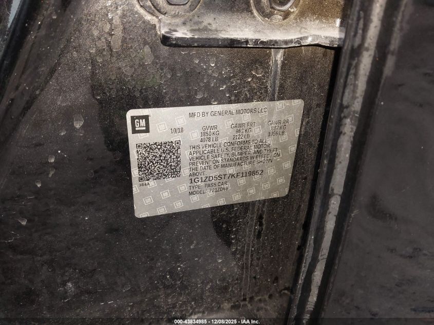 2019 Chevrolet Malibu Lt VIN: 1G1ZD5ST7KF119852 Lot: 43834985