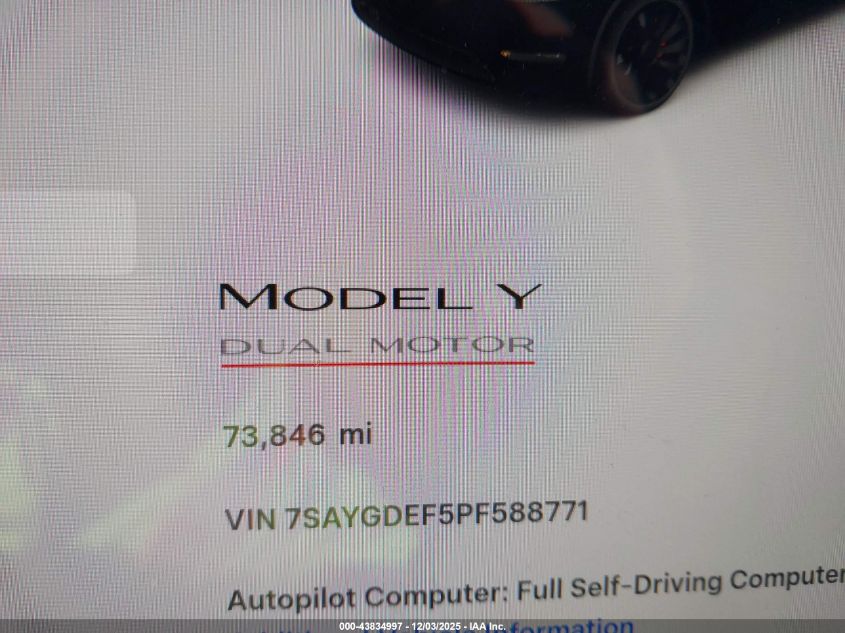 2023 Tesla Model Y Performance Dual Motor All-Wheel Drive VIN: 7SAYGDEF5PF588771 Lot: 43834997