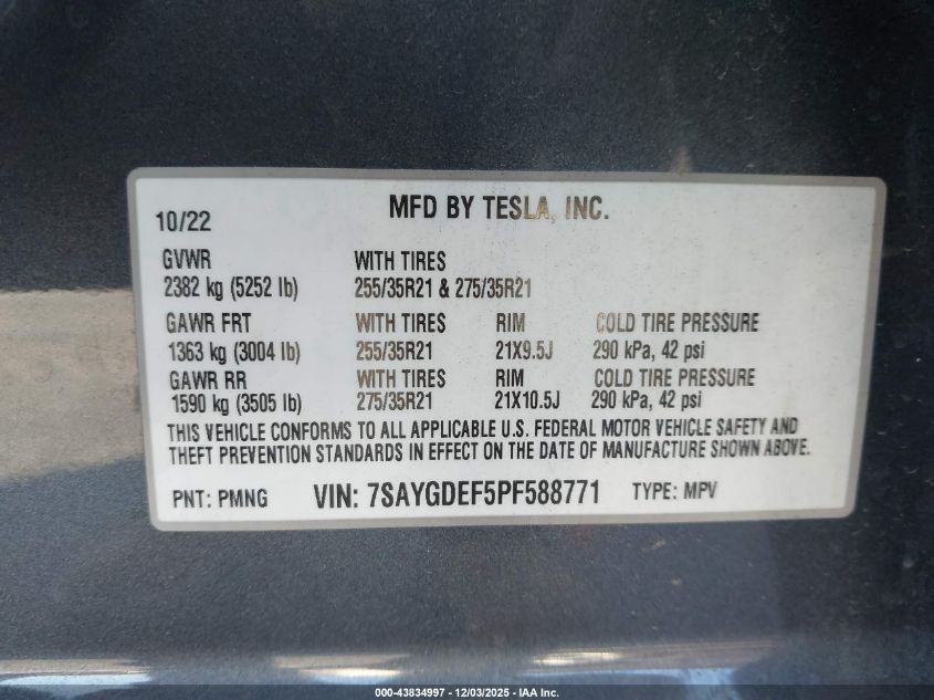 2023 Tesla Model Y Performance Dual Motor All-Wheel Drive VIN: 7SAYGDEF5PF588771 Lot: 43834997