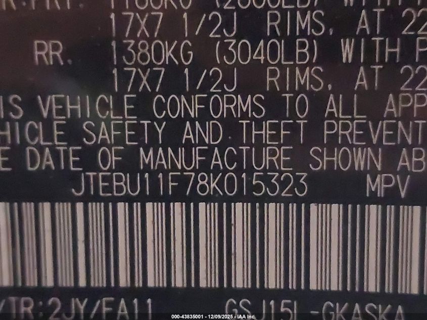 2008 Toyota Fj Cruiser VIN: JTEBU11F78K015323 Lot: 43835001