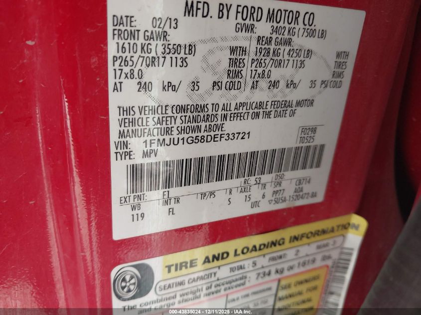 2013 Ford Expedition Xl VIN: 1FMJU1G58DEF33721 Lot: 43835024