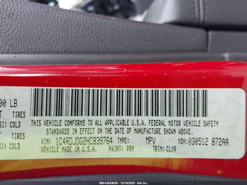 2017 Dodge Durango Gt Awd VIN: 1C4RDJDG2HC839764 Lot: 43835036