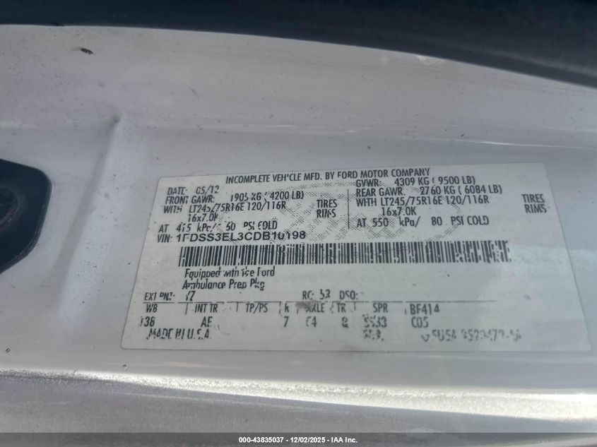 2012 Ford Econoline VIN: 1FDSS3EL3CDB1098 Lot: 43835037