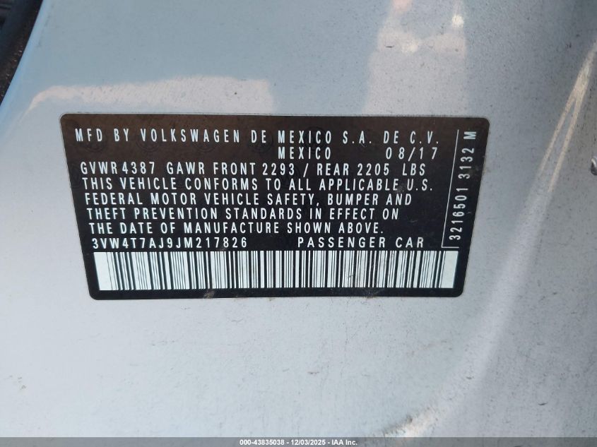 2018 Volkswagen Jetta 2.0T Gli VIN: 3VW4T7AJ9JM217826 Lot: 43835038