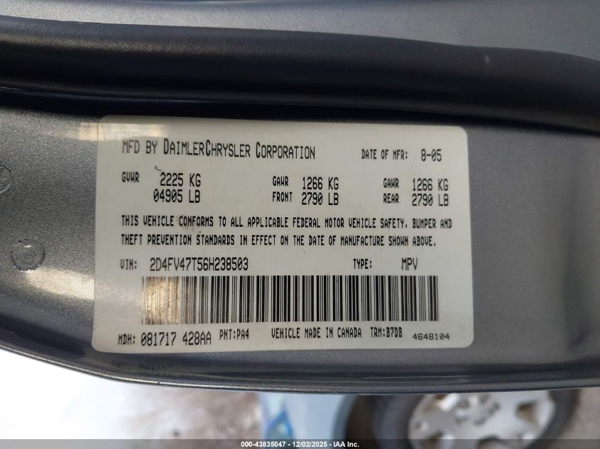 2006 Dodge Magnum VIN: 2D4FV47T56H238503 Lot: 43835047