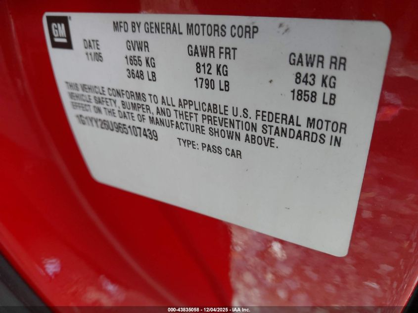 2006 Chevrolet Corvette VIN: 1G1YY26U965107439 Lot: 43835058