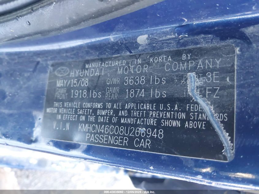 2008 Hyundai Accent Gls VIN: KMHCN46C08U266948 Lot: 43835060