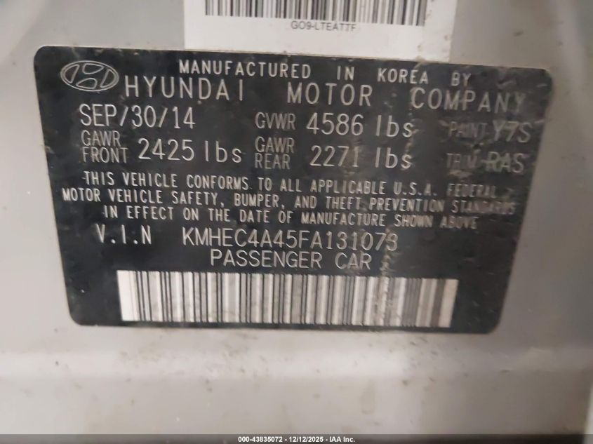 2015 Hyundai Sonata Hybrid VIN: KMHEC4A45FA131073 Lot: 43835072
