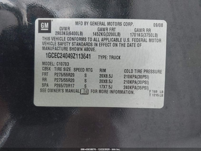 2009 Chevrolet Silverado 1500 Lt VIN: 1GCEC24049Z113641 Lot: 43835076