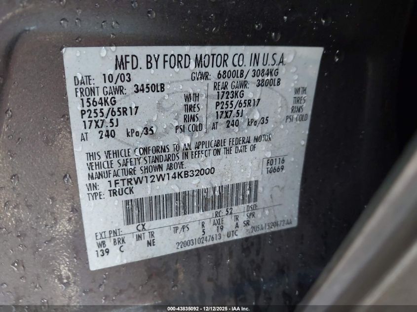 2004 Ford F-150 Xlt VIN: 1FTRW12W14KB32000 Lot: 43835092
