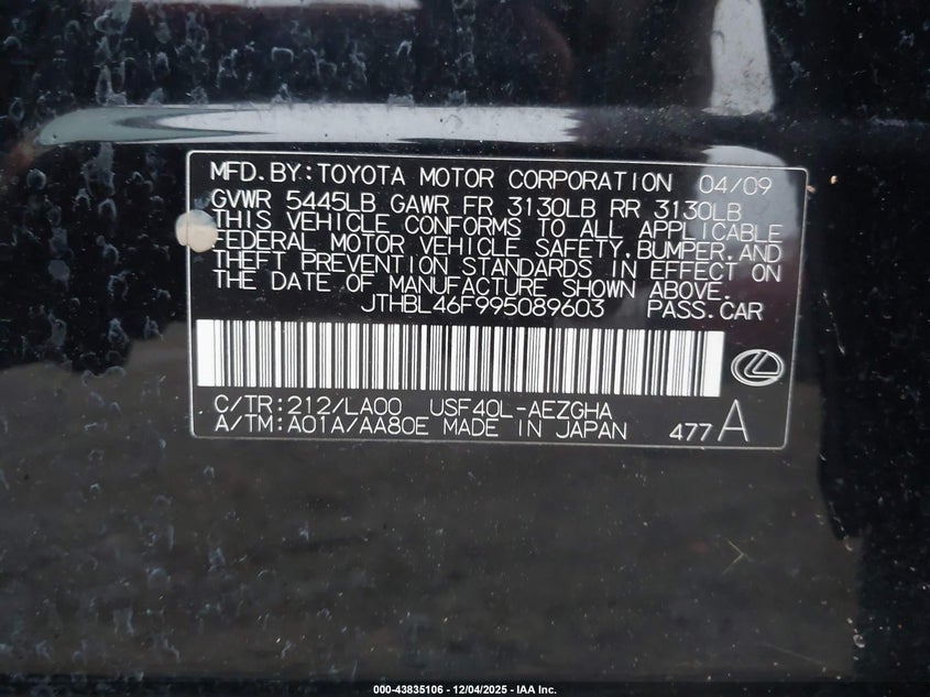 JTHBL46F995089603 2009 LEXUS LS photo no. 9