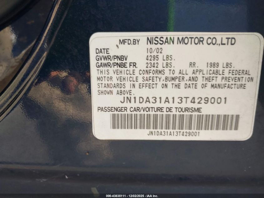 2003 Nissan Maxima Se VIN: JN1DA31A13T429001 Lot: 43835111