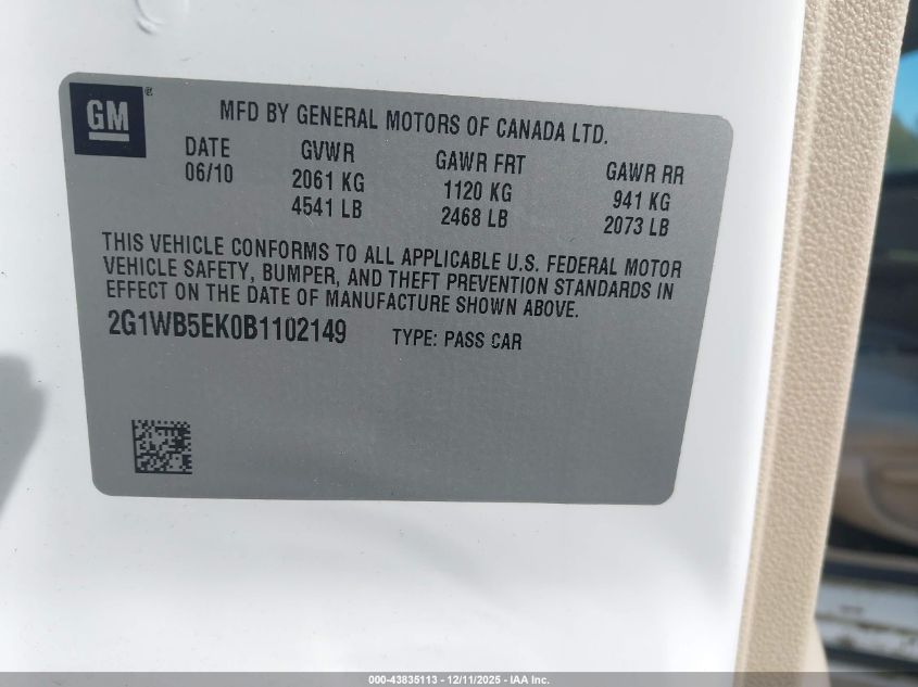 2011 Chevrolet Impala Lt VIN: 2G1WB5EK0B1102149 Lot: 43835113