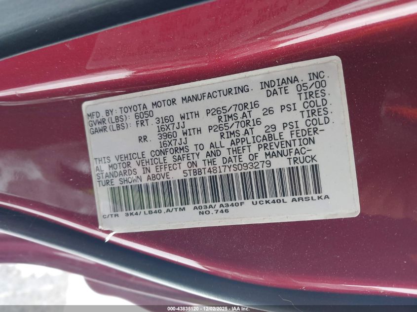 2000 Toyota Tundra Ltd V8 VIN: 5TBBT4817YS093279 Lot: 43835120