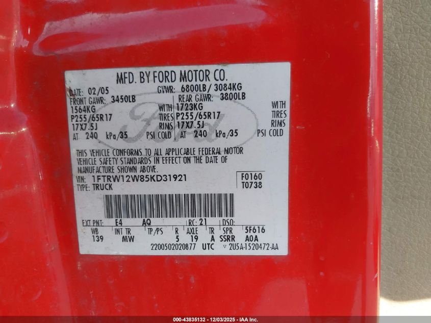 2005 Ford F-150 Xlt VIN: 1FTRW12W85KD31921 Lot: 43835132