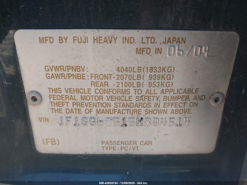 JF1GG68515H804514 2005 SUBARU IMPREZA photo no. 9