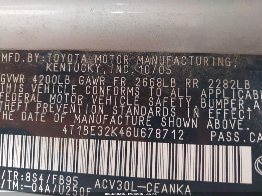 2006 Toyota Camry Le VIN: 4T1BE32K46U678712 Lot: 43835165