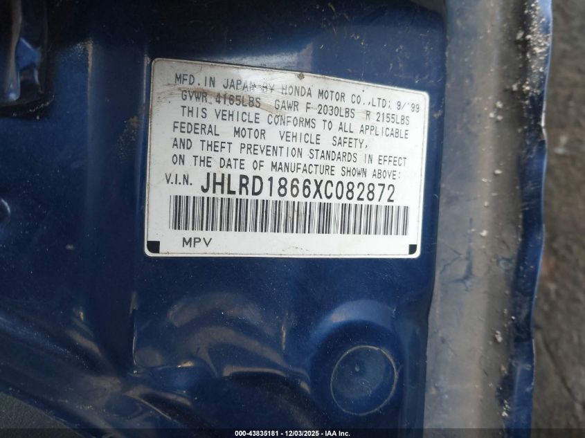 1999 Honda Cr-V Ex VIN: JHLRD1866XC082872 Lot: 43835181