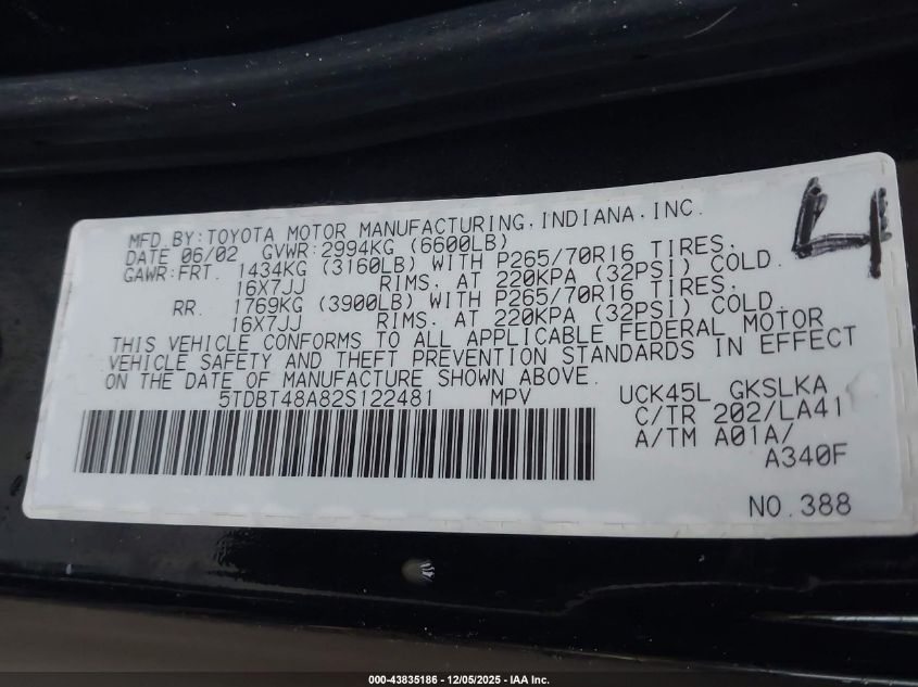 2002 Toyota Sequoia Limited V8 VIN: 5TDBT48A82S122481 Lot: 43835186