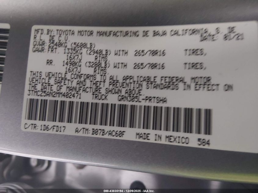 2021 Toyota Tacoma Trd Off-Road VIN: 3TMCZ5AN2MM402471 Lot: 43835194
