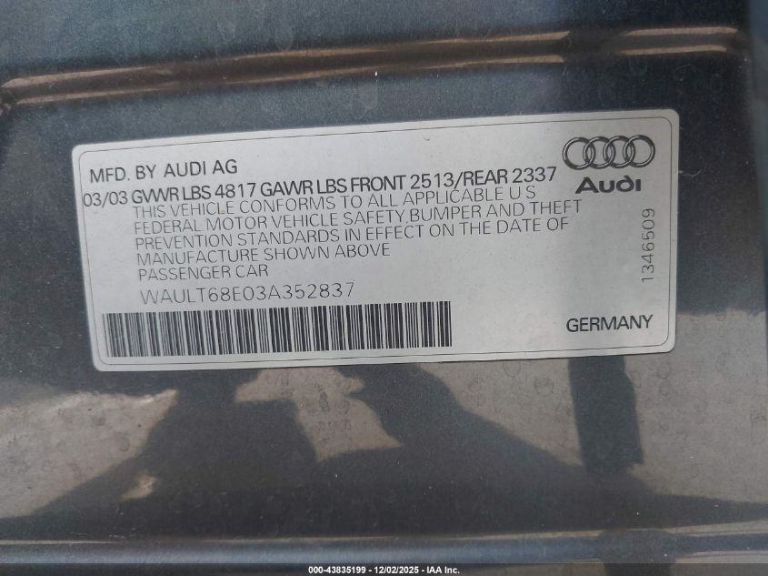 2003 Audi A4 3.0 VIN: WAULT68E03A352837 Lot: 43835199