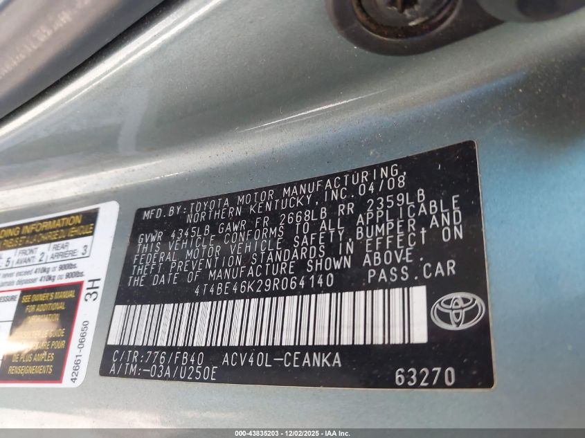 2009 Toyota Camry Le VIN: 4T4BE46K29R064140 Lot: 43835203