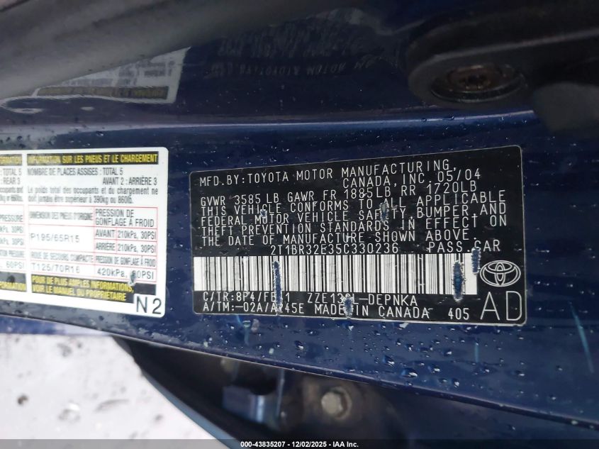 2005 Toyota Corolla Le VIN: 2T1BR32E35C330236 Lot: 43835207