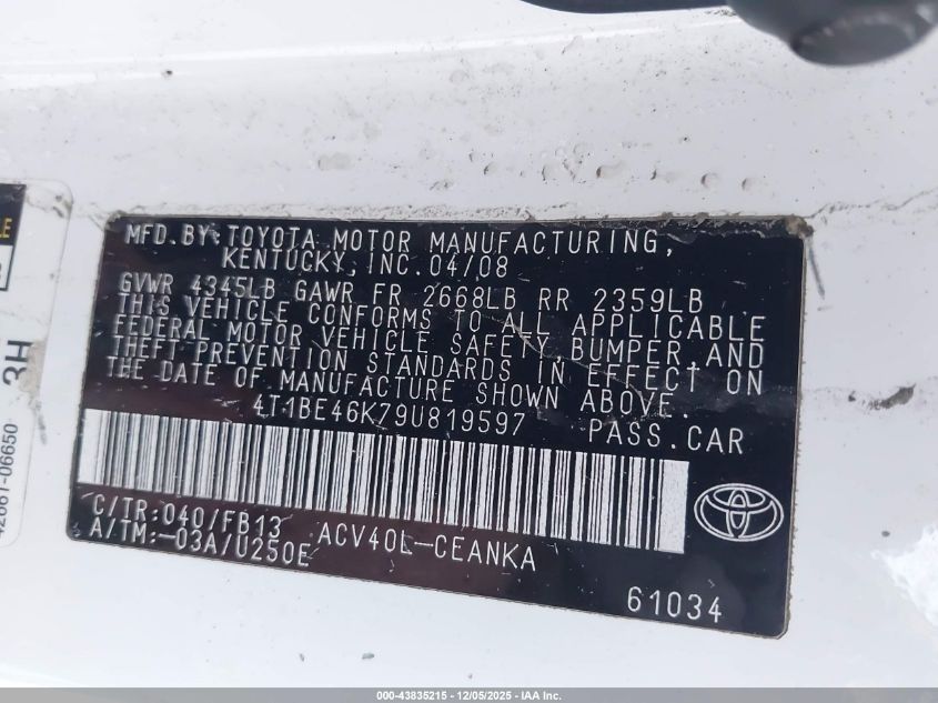 2009 Toyota Camry Le VIN: 4T1BE46K79U819597 Lot: 43835215