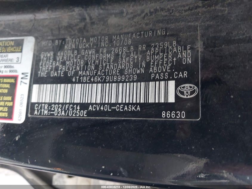 2009 Toyota Camry Se VIN: 4T1BE46K79U899239 Lot: 43835218