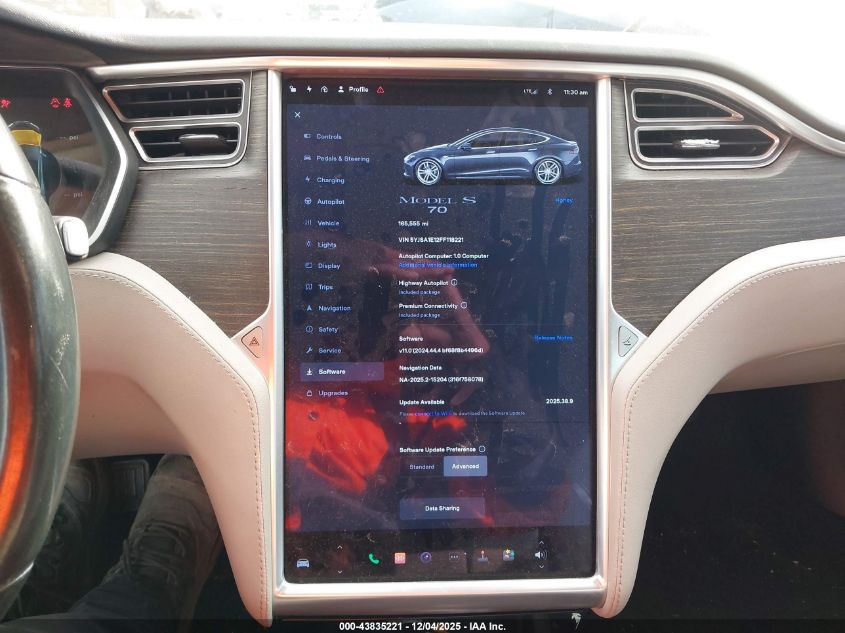 2015 Tesla Model S 60/70/85 VIN: 5YJSA1E12FF118221 Lot: 43835221