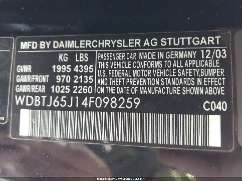 2004 Mercedes-Benz Clk 320 VIN: WDBTJ65J14F098259 Lot: 43835225
