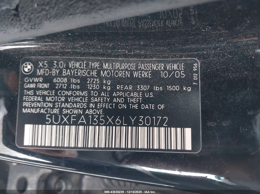 2006 BMW X5 3.0I VIN: 5UXFA135X6LY30172 Lot: 43835239