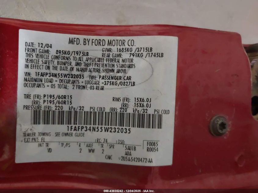 2005 Ford Focus Zx4 VIN: 1FAFP34N55W232035 Lot: 43835242