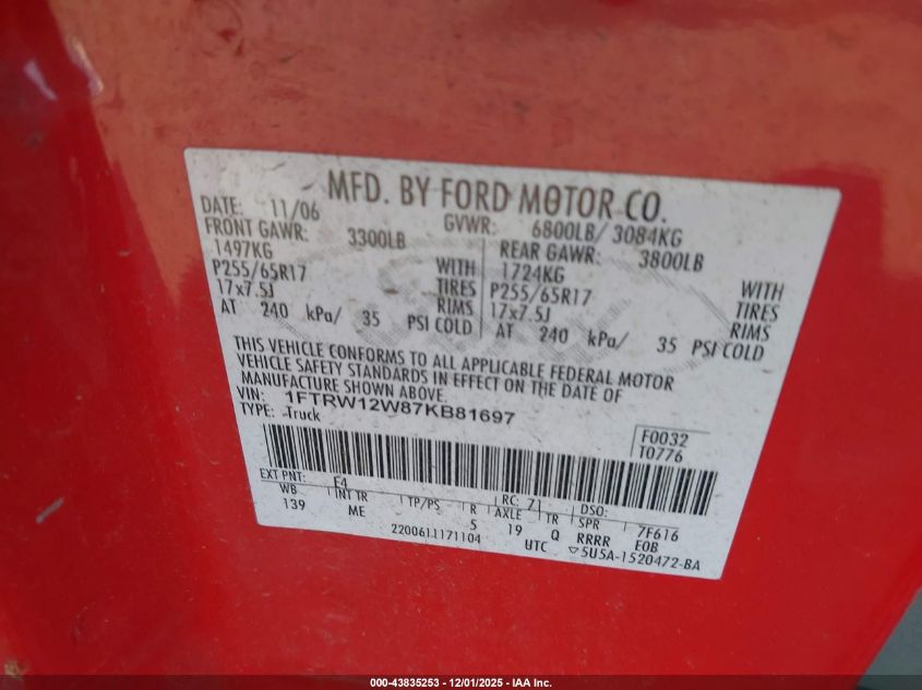 2007 Ford F-150 Xlt VIN: 1FTRW12W87KB81697 Lot: 43835253