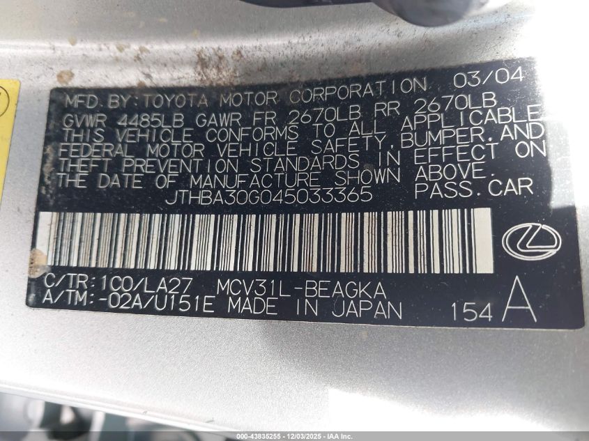 2004 Lexus Es 330 VIN: JTHBA30G045033365 Lot: 43835255