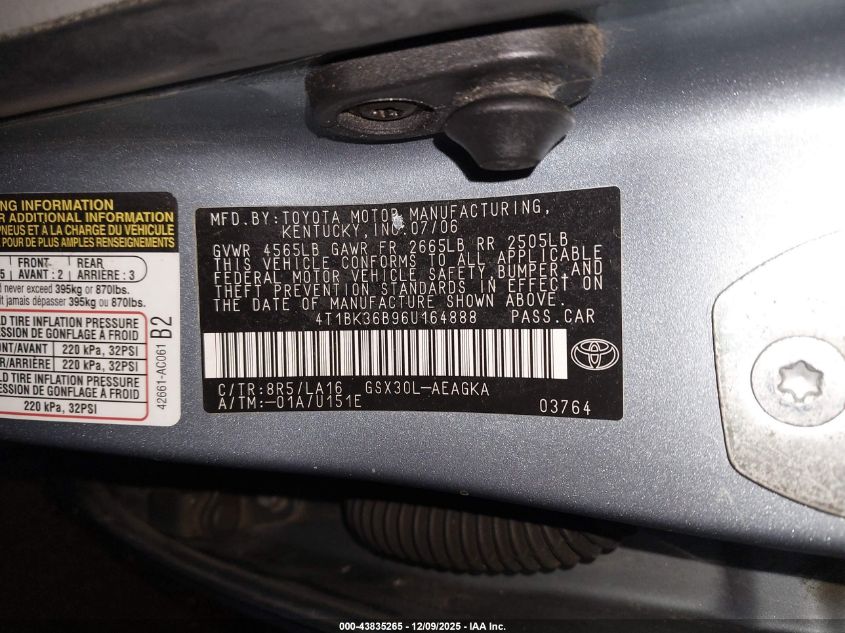 2006 Toyota Avalon Xls VIN: 4T1BK36B96U164888 Lot: 43835265